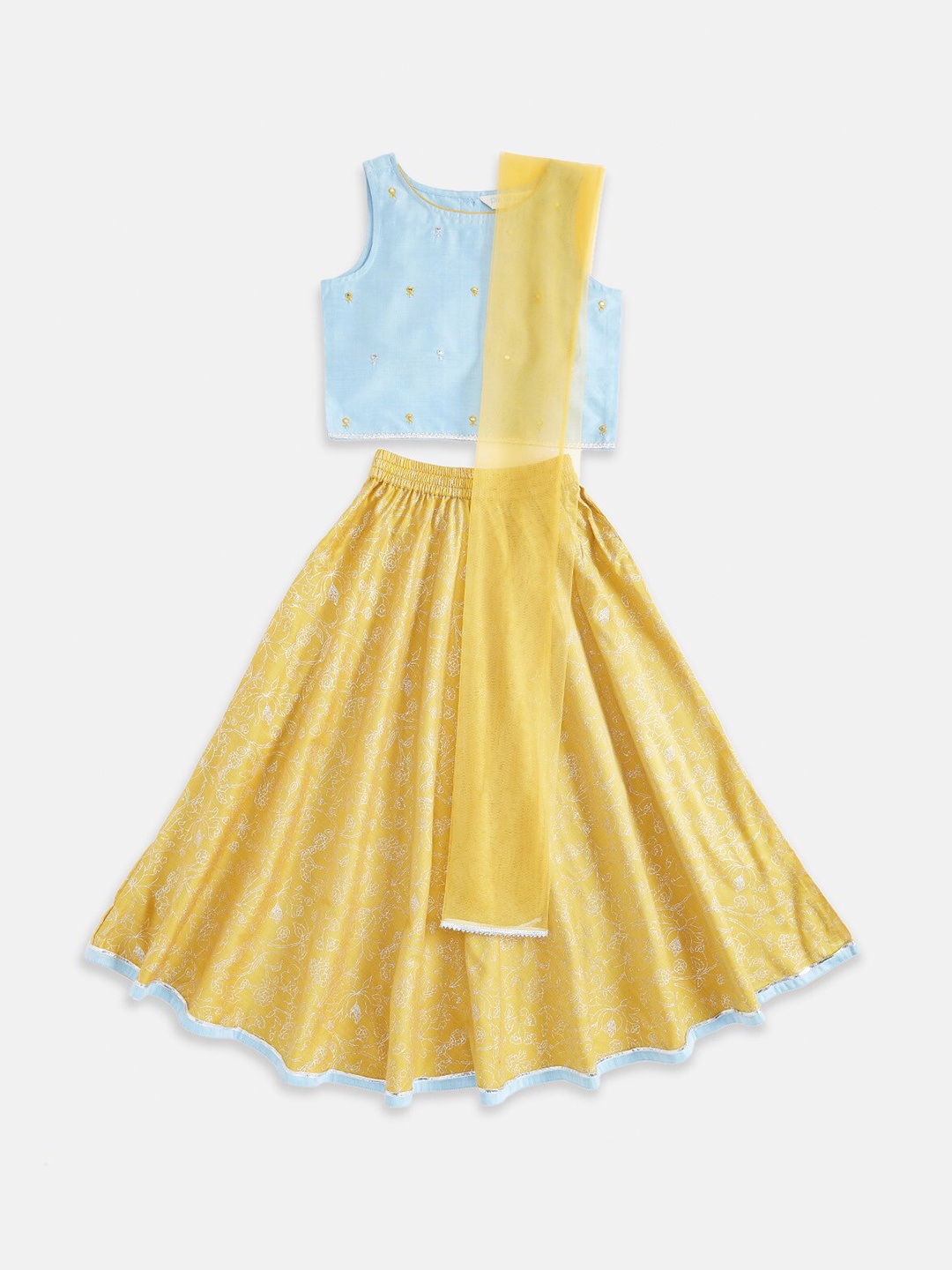 

AKKRITI BY PANTALOONS Girls Blue & Yellow Printed Ready to Wear Lehenga & Blouse With Dupatta