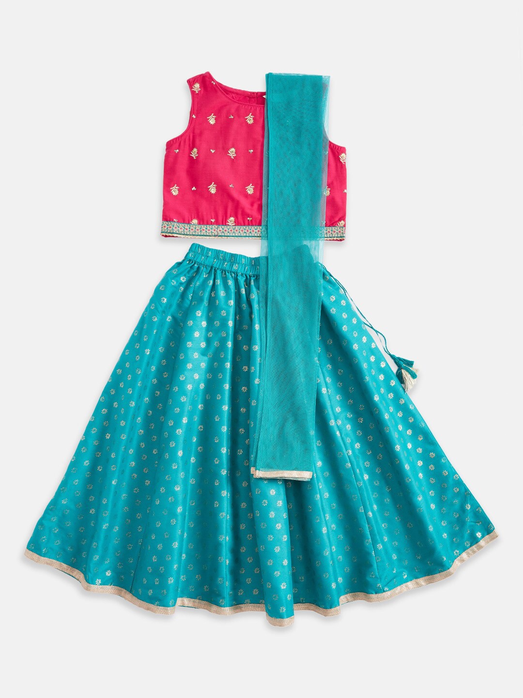 

AKKRITI BY PANTALOONS Girls Fuchsia & Turquoise Blue Printed Ready to Wear Lehenga & Blouse With Dupatta