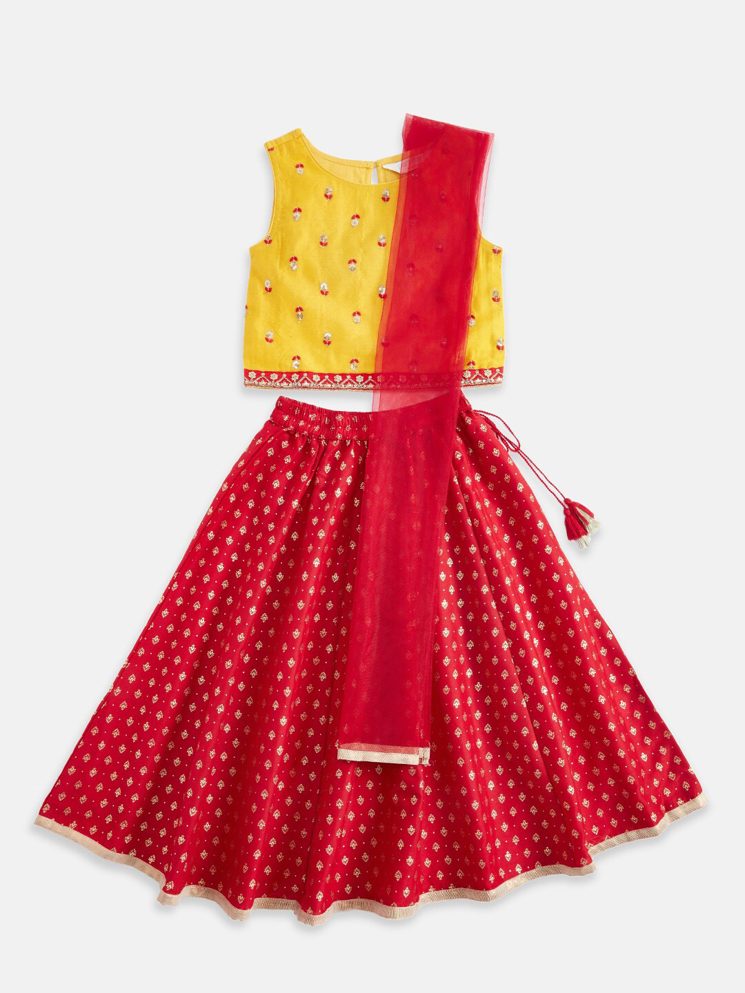 

AKKRITI BY PANTALOONS Girls Mustard & Red Embroidered Ready to Wear Lehenga & Blouse With Dupatta