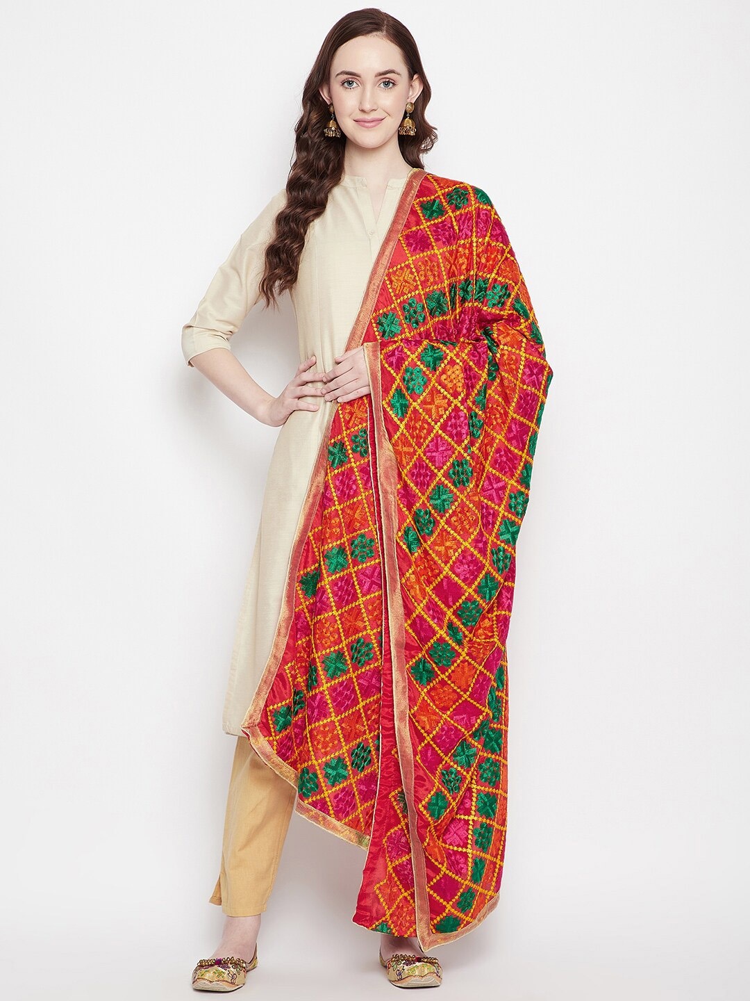

Clora Creation Orange & Green Embroidered Dupatta with Phulkari