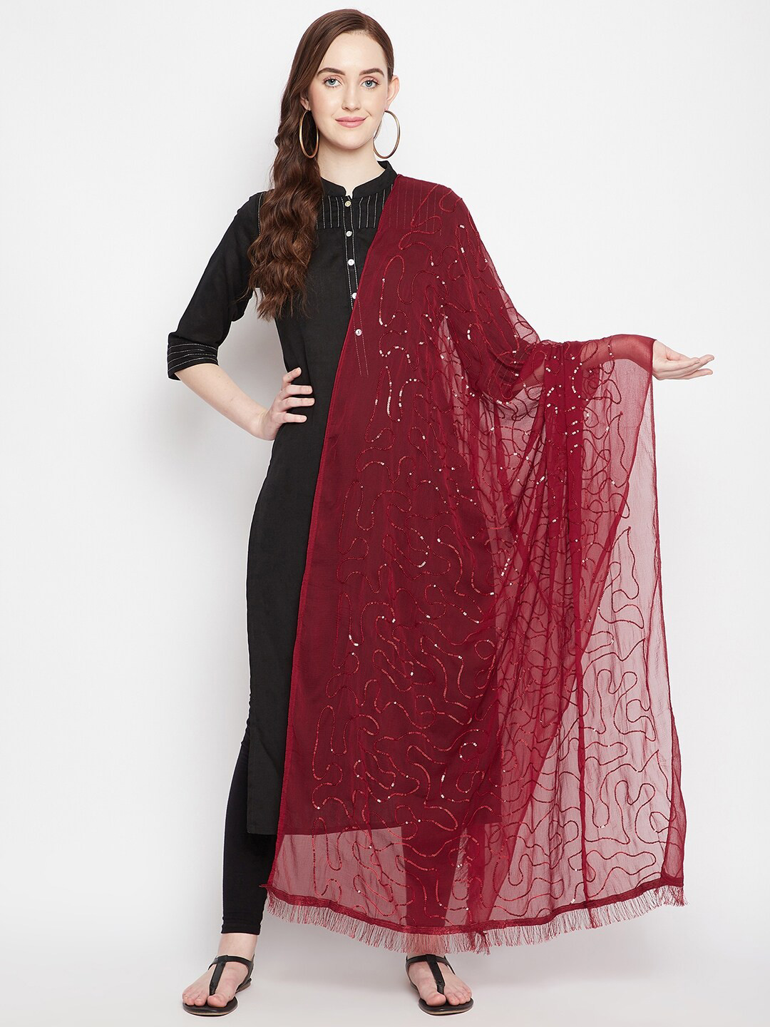 

Clora Creation Maroon Embroidered Dupatta with Sequinned