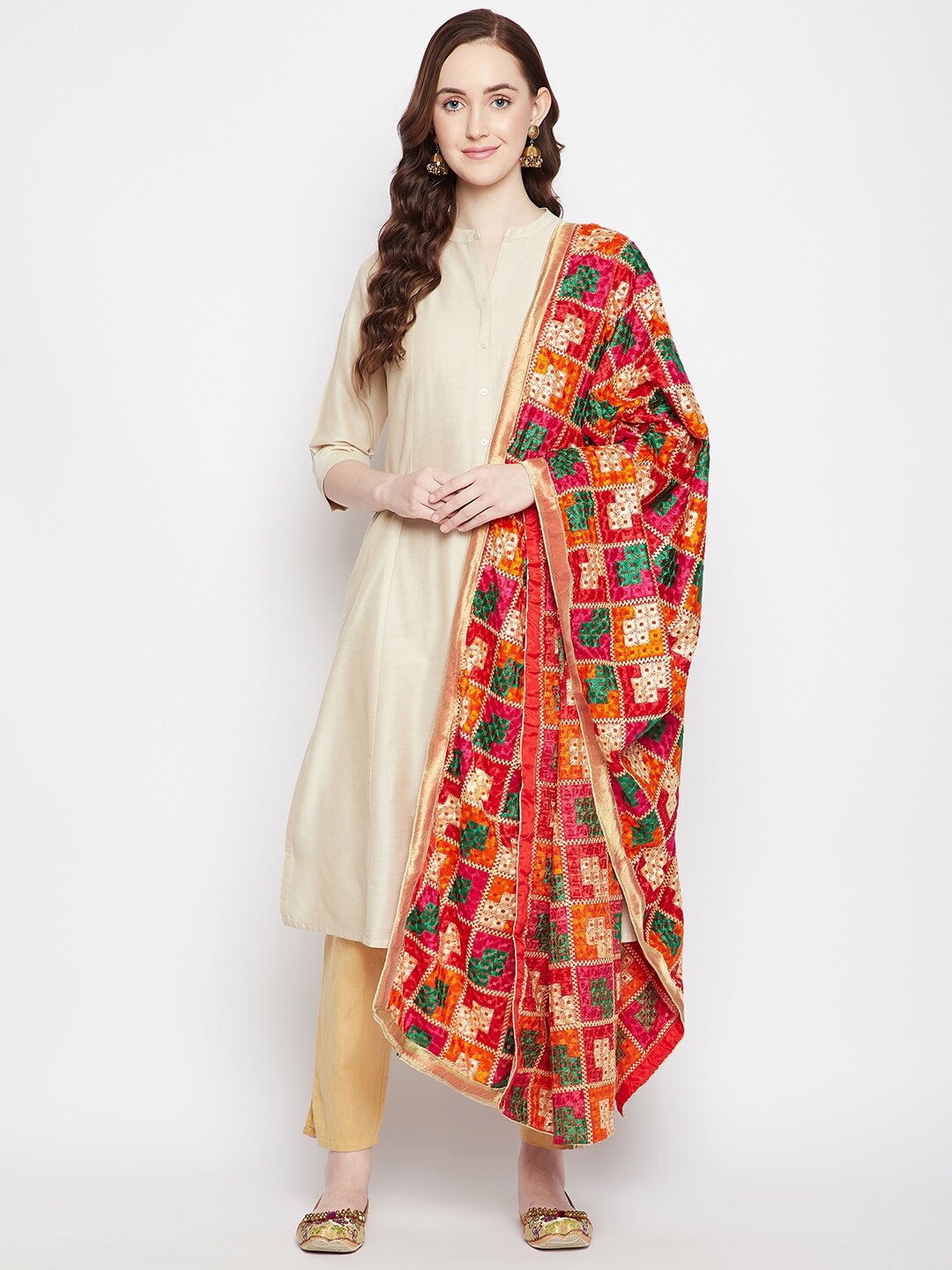 

Clora Creation Red & Green Embroidered Dupatta with Phulkari