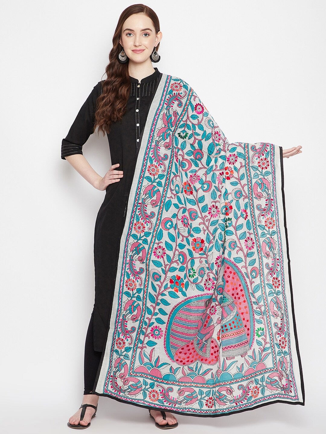 

Clora Creation Multicoloured Embroidered Cotton Silk Dupatta with Kantha Work, Multi