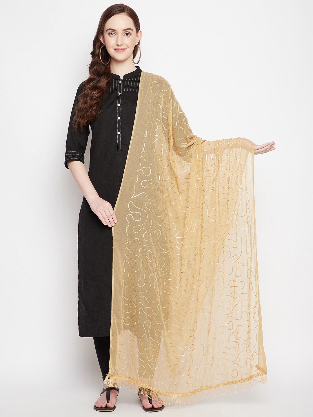 

Clora Creation Beige & Black Embroidered Dupatta with Sequinned