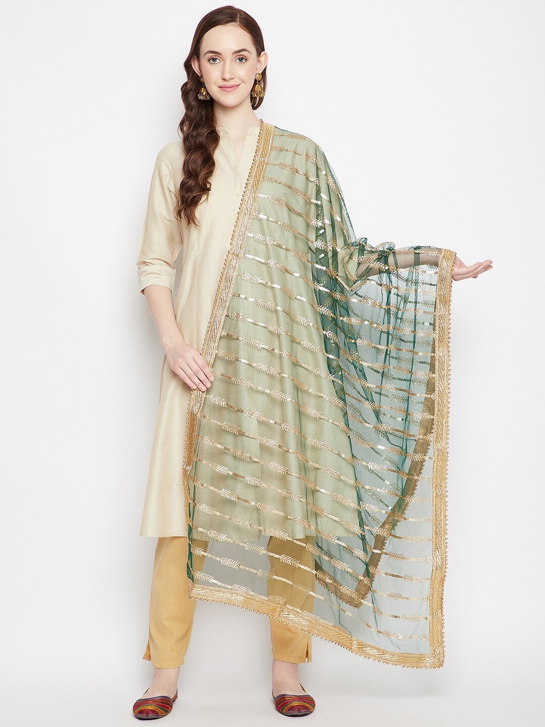 

Clora Creation Green & Gold-Toned Embroidered Dupatta with Sequinned