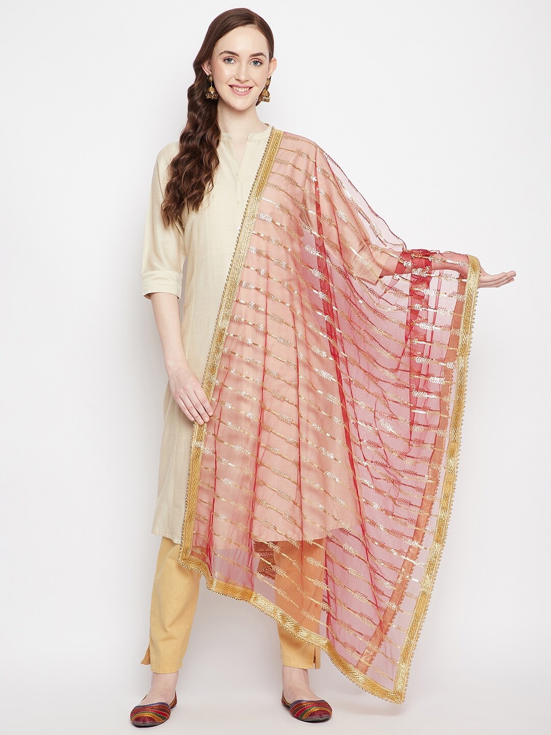 

Clora Creation Red & Gold-Toned Embroidered Dupatta with Sequinned