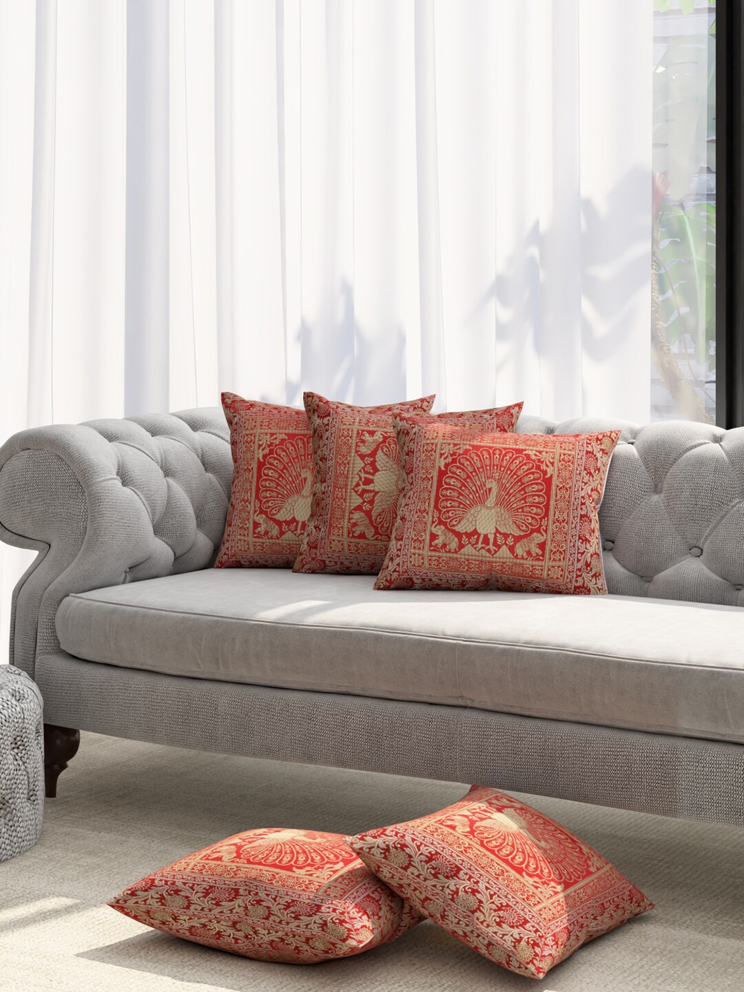

Niamh by Tag 7 Red & Gold-Toned Set of 5 Self Design Square Cushion Covers