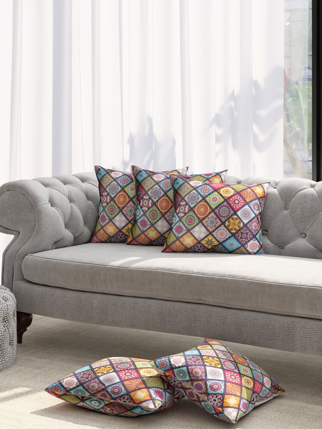 

Niamh by Tag 7 Multicoloured Set of 5 Ethnic Motifs Square Cushion Covers, Multi