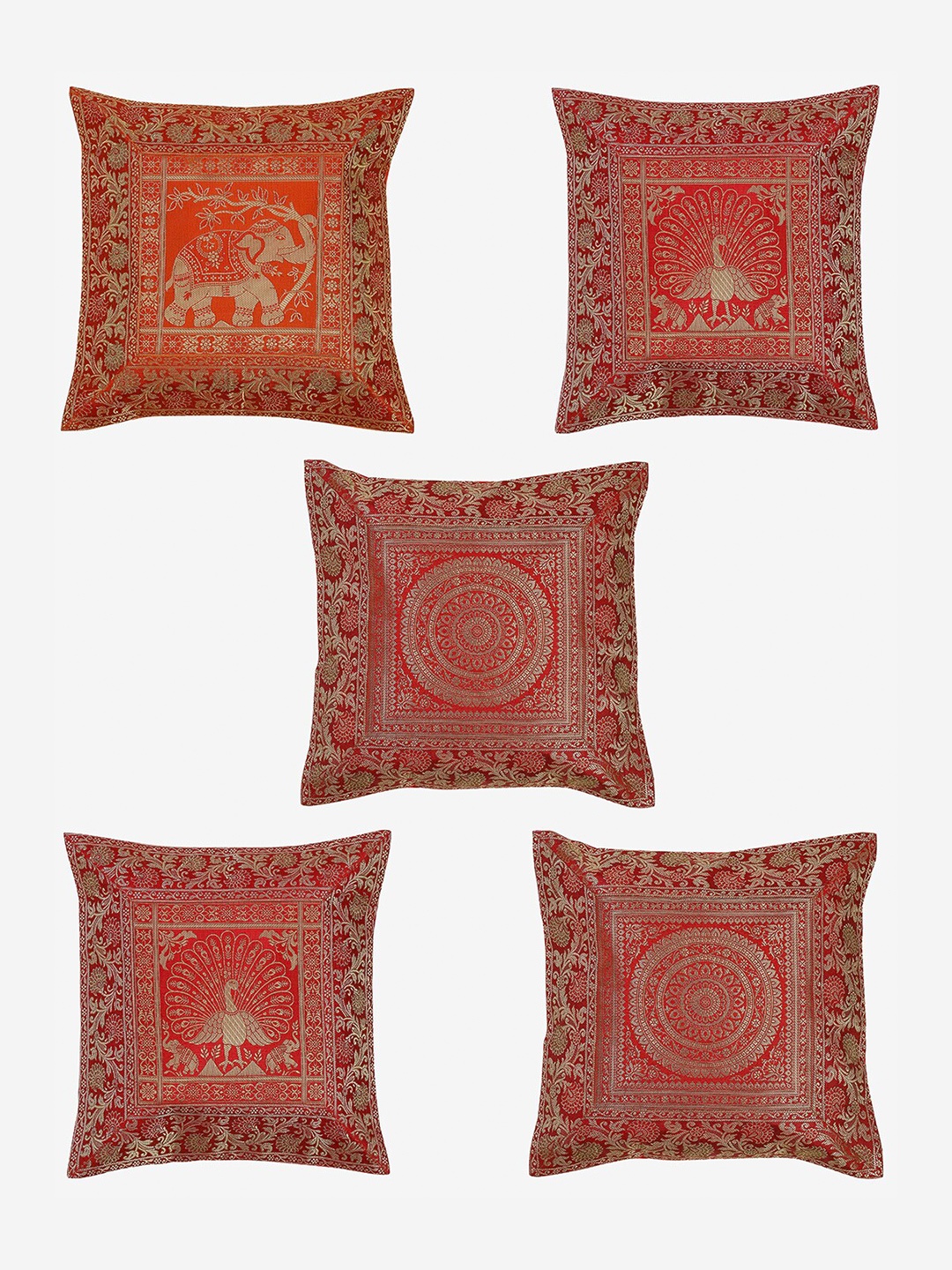 

Niamh by Tag 7 Pack Of 5 Red & Gold Ethnic Motifs Printed Cushion Covers