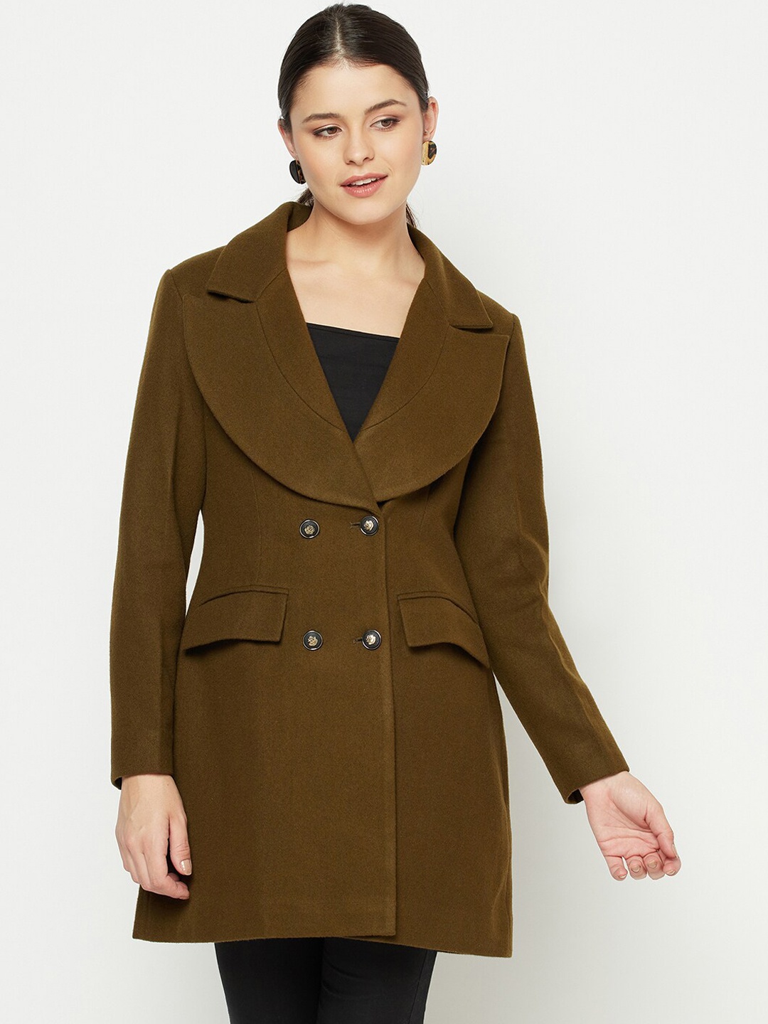 

Owncraft Women Olive Brown Solid Regular-Fit Wool Over Coat