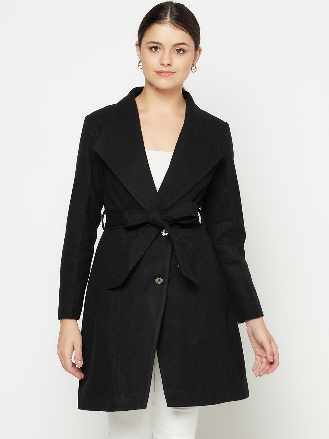 

Owncraft Women Black Solid Wool Overcoat