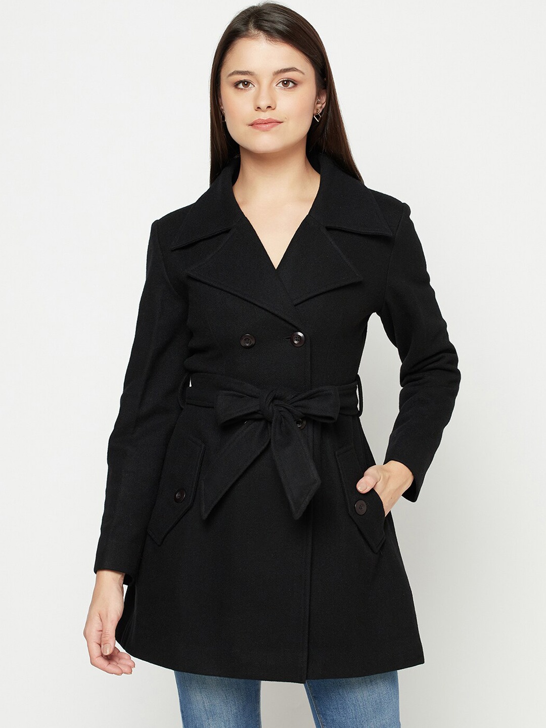 

Owncraft Women Black Solid Regular-Fit Over Coat
