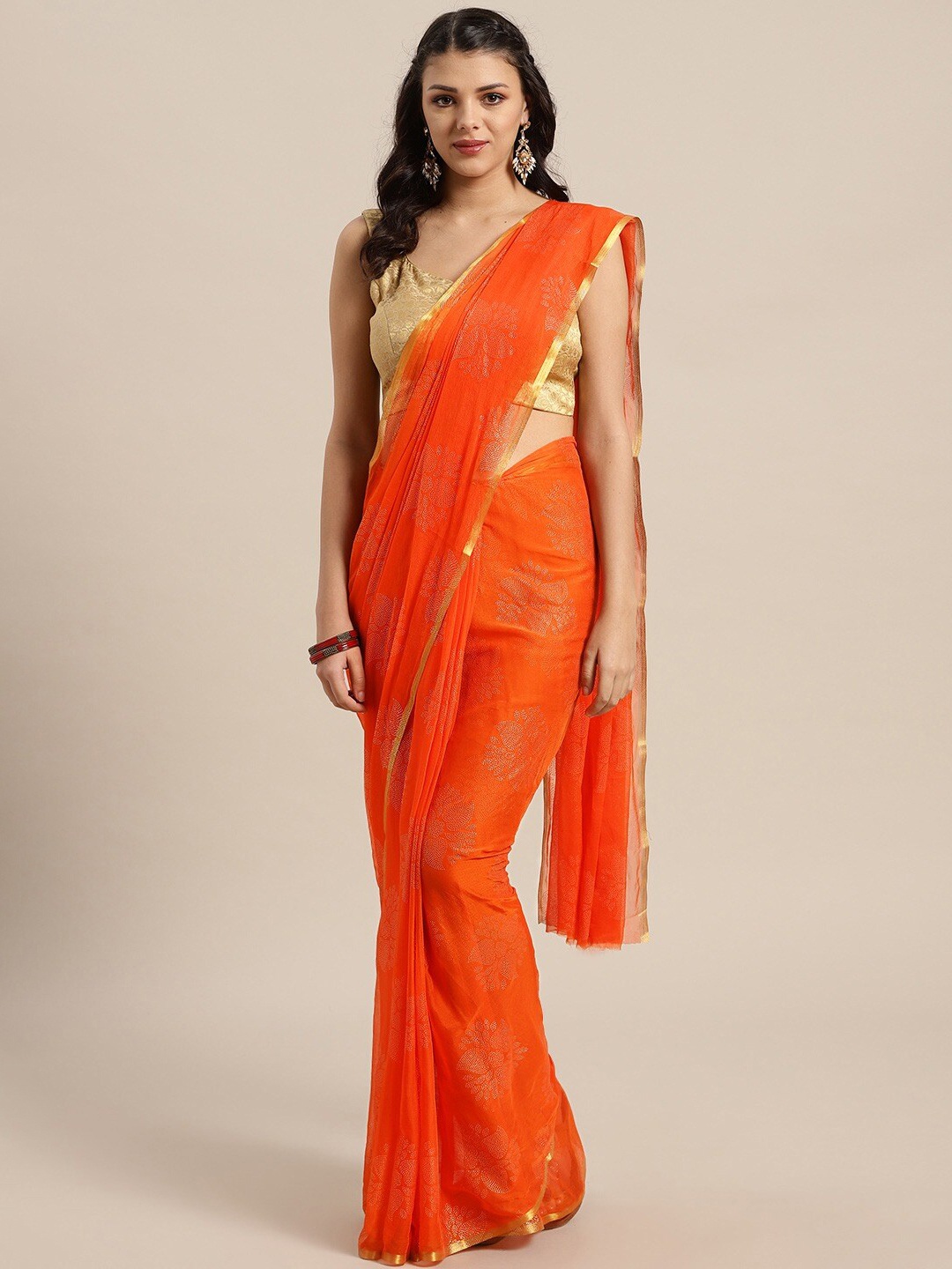 

Saree mall Orange & Gold-Toned Zari Sarees