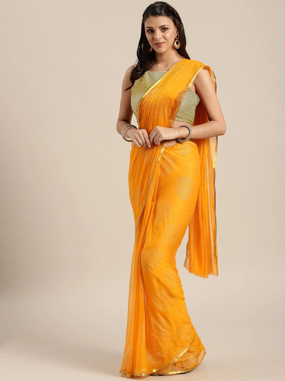 

Saree mall Yellow & Gold-Toned Zari Sarees