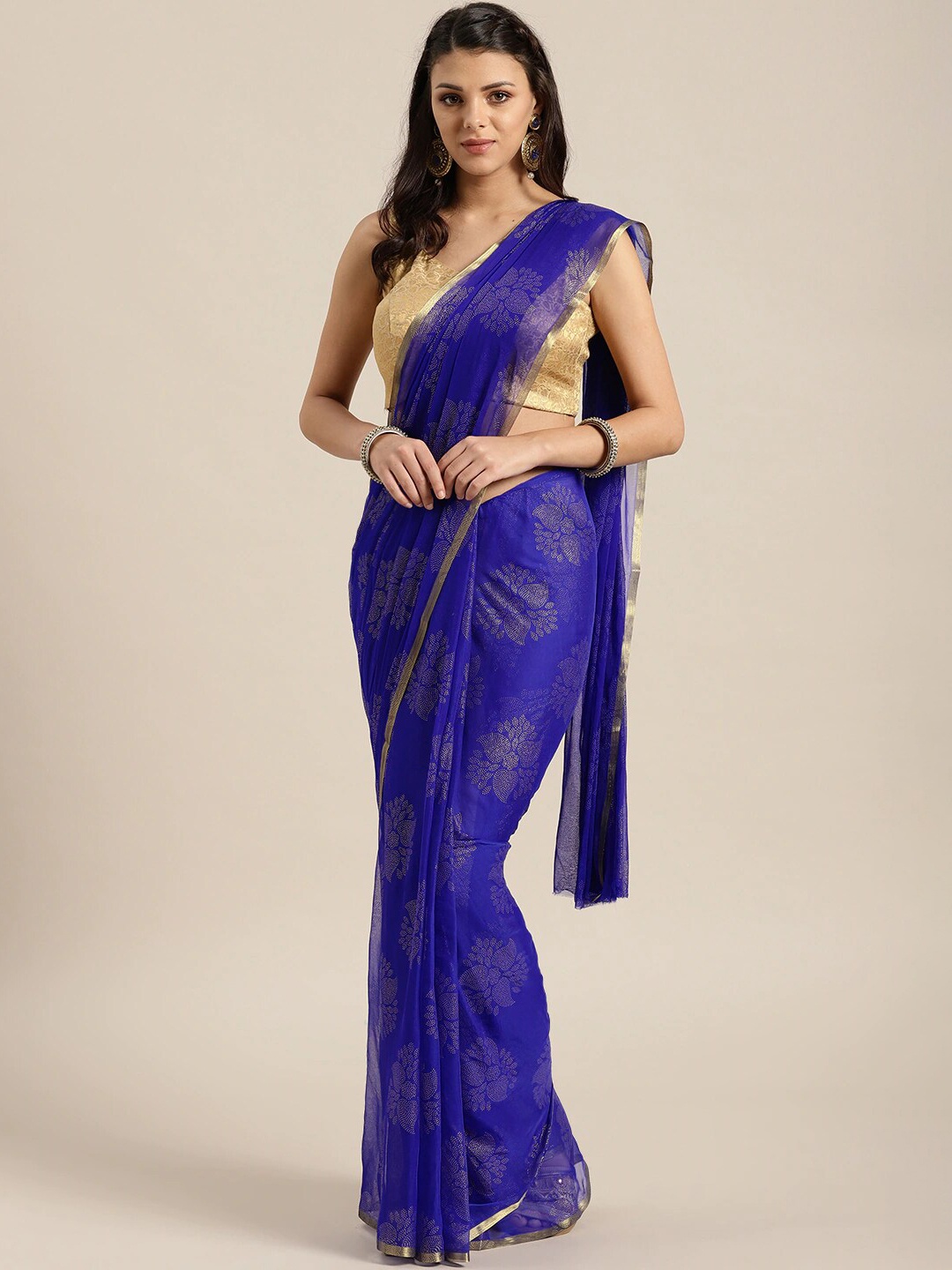 

Saree mall Blue & Gold-Toned Ethnic Motifs Sarees