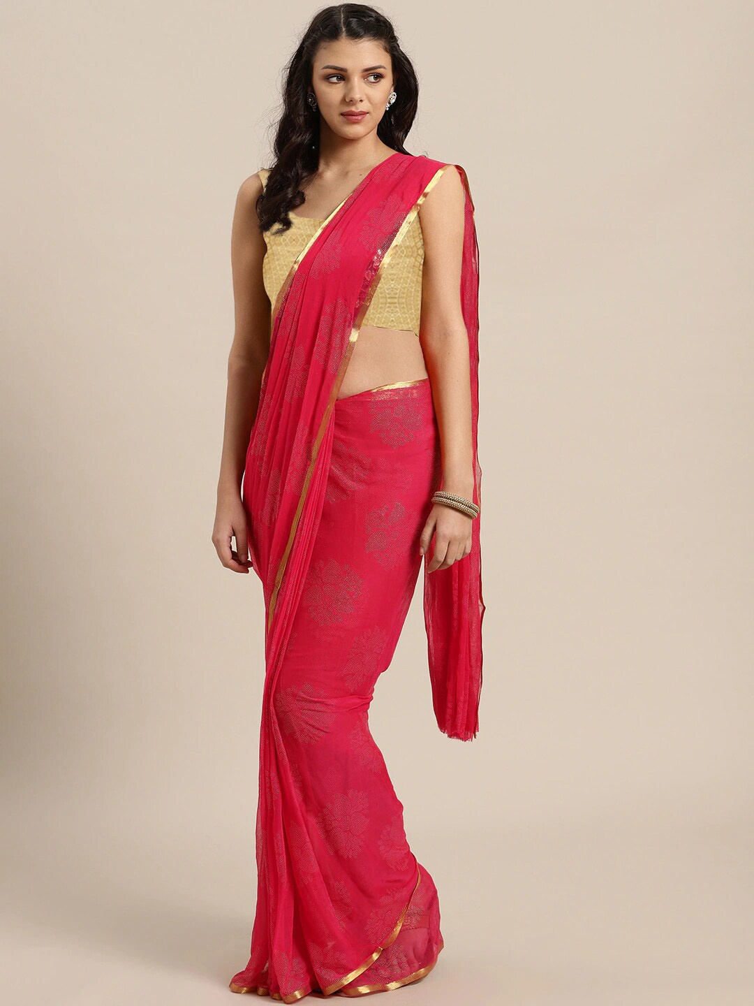 

Saree mall Pink & Gold-Toned Ethnic Motifs Sarees