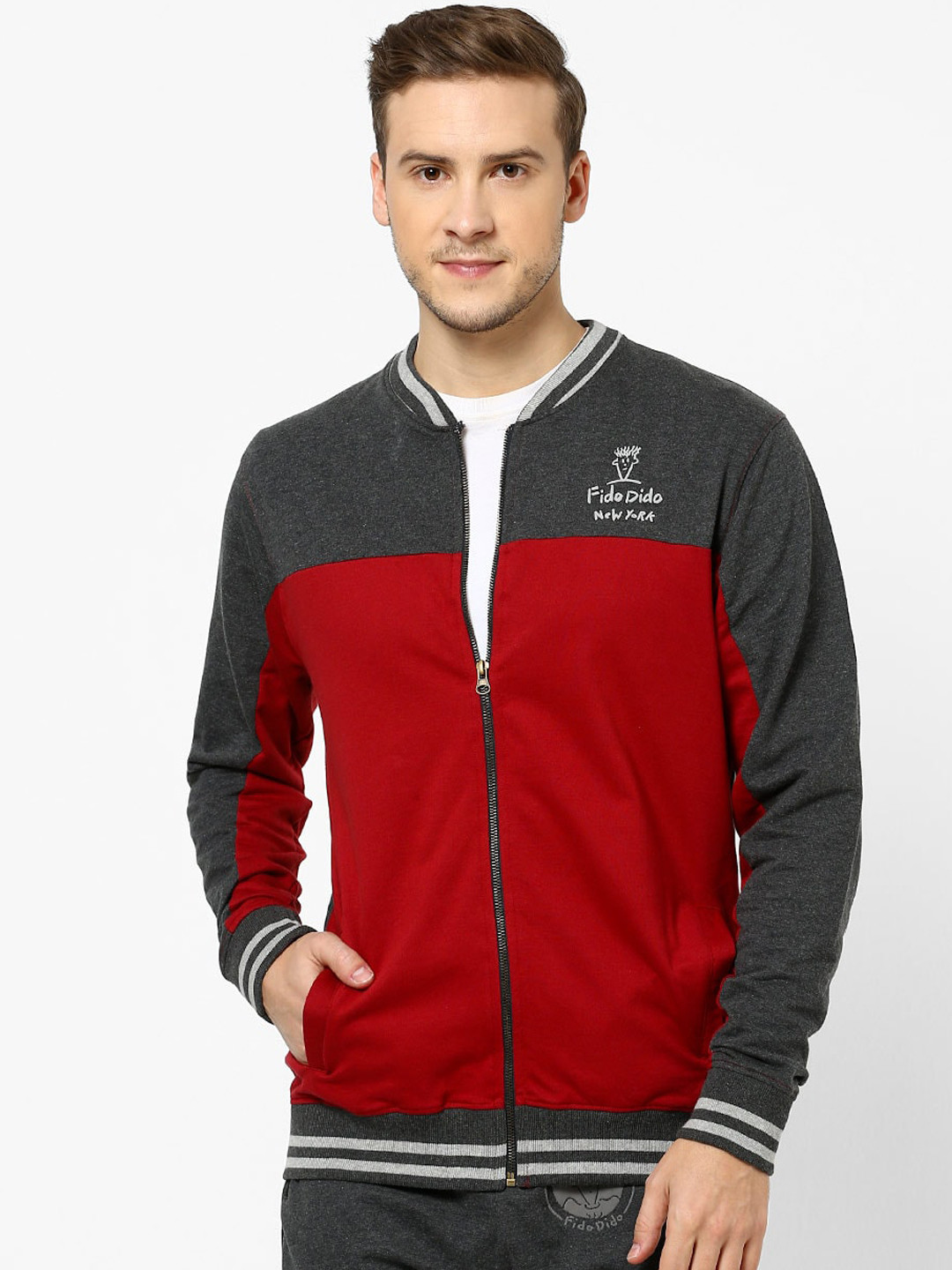 

FIDO DIDO Men Red & Grey Colourblocked Pure Cotton Sweatshirt