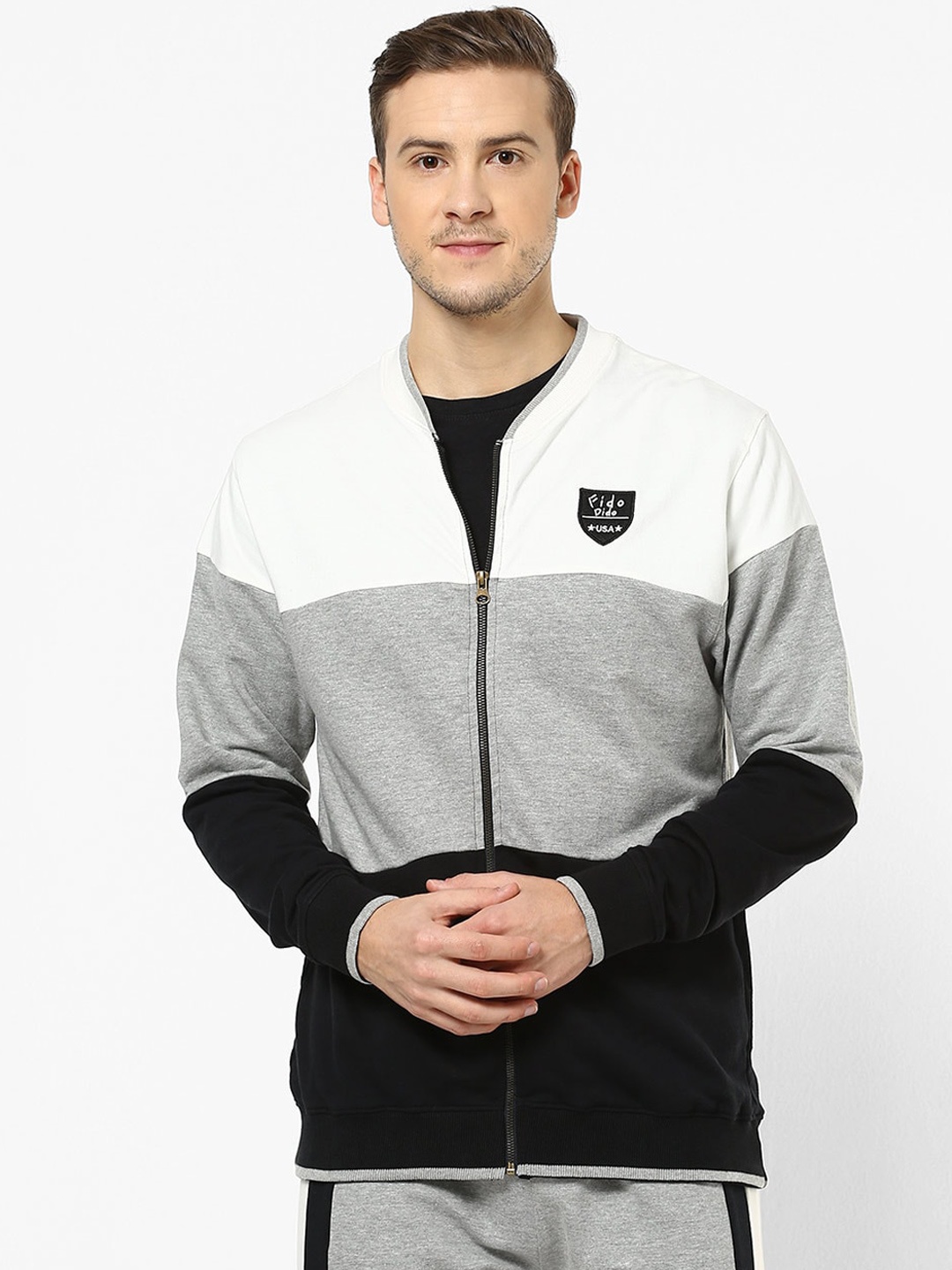 

FIDO DIDO Men White & Grey Colourblocked Sweatshirt