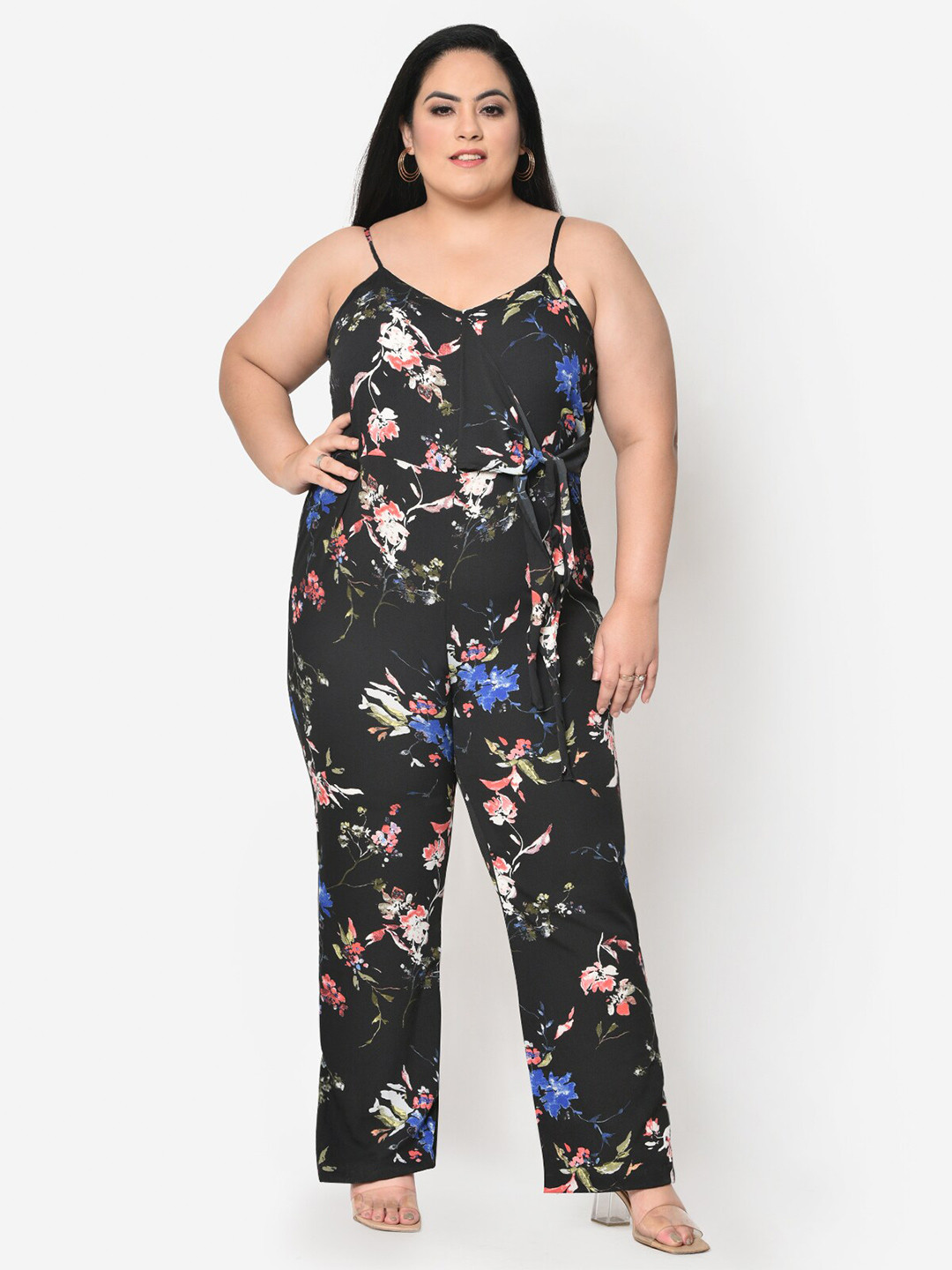 

wild U Black & Blue Floral Printed Knot Plus Size Basic Jumpsuit
