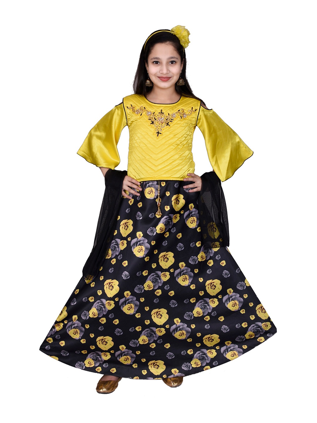 

SKY HEIGHTS Girls Yellow & Black Embellished Beads and Stones Ready to Wear Lehenga & Blouse With Dupatta