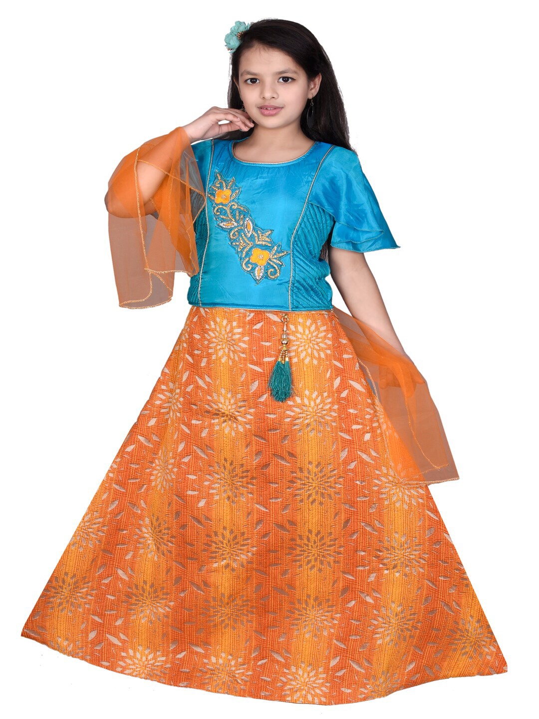 

SKY HEIGHTS Girls Blue & Orange Embellished Ready to Wear Lehenga & Blouse With Dupatta