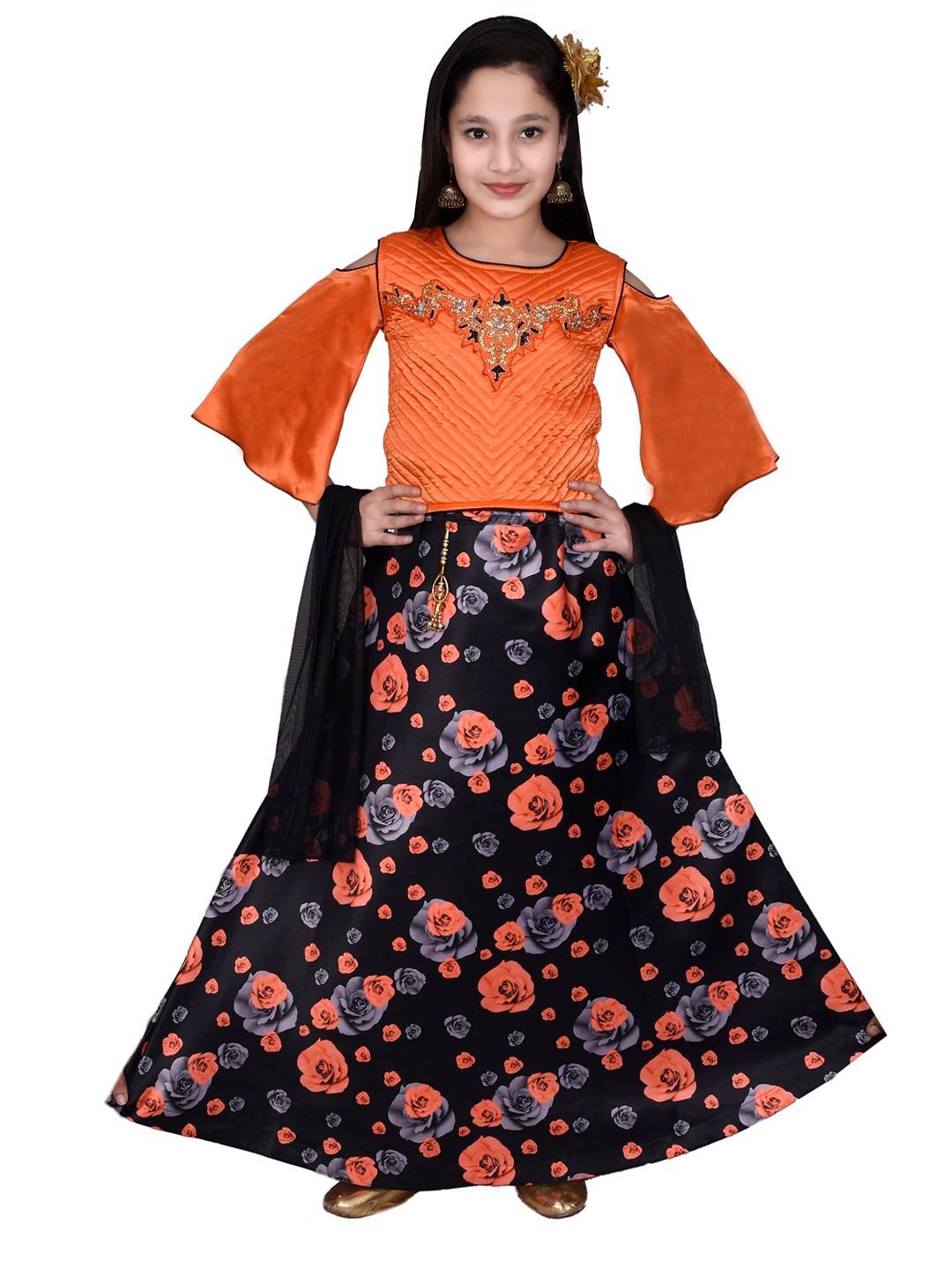 

SKY HEIGHTS Girls Orange & Black Embroidered Ready to Wear Lehenga & Blouse With Dupatta