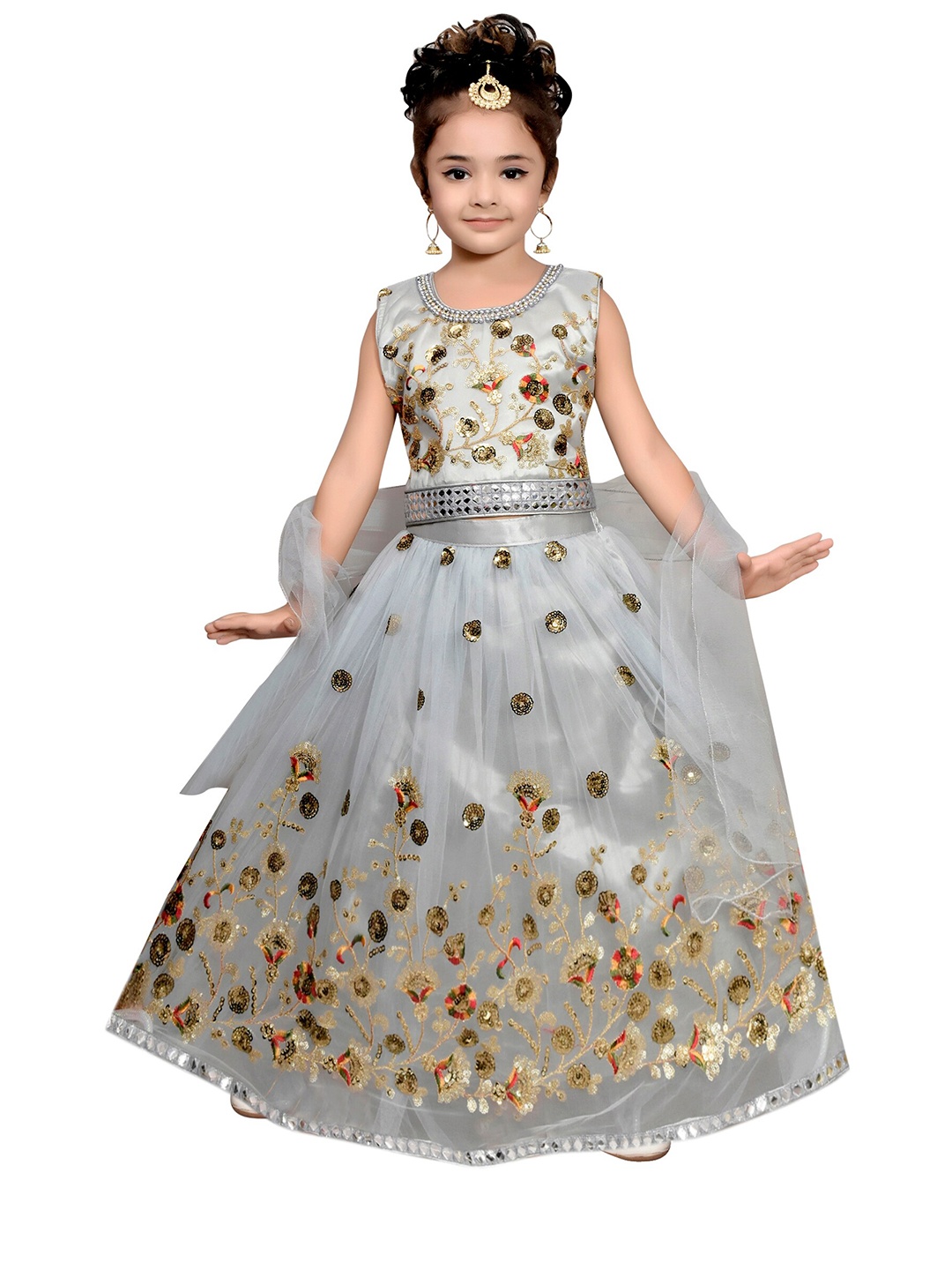 

SKY HEIGHTS Girls Grey & Gold-Toned Embellished Ready to Wear Lehenga & Blouse With Dupatta