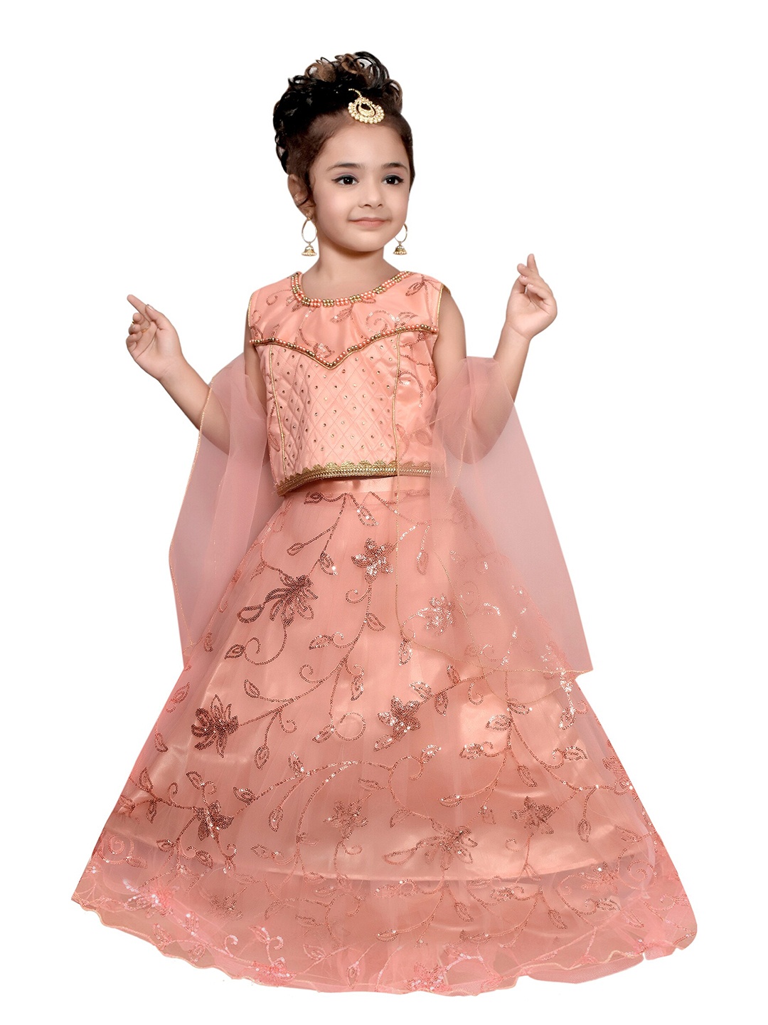 

SKY HEIGHTS Girls Peach-Coloured Embellished Ready to Wear Lehenga & Blouse With Dupatta