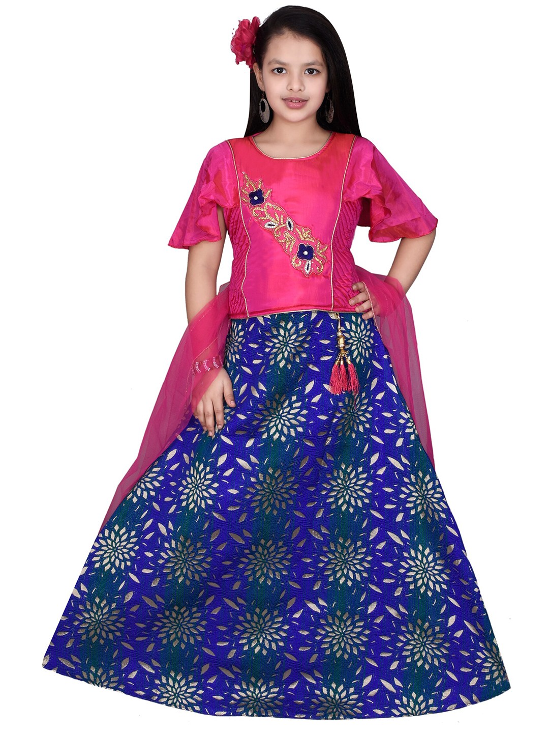 

SKY HEIGHTS Girls Pink & Blue Embroidered Beads and Stones Foil Print Ready to Wear Lehenga & Blouse With