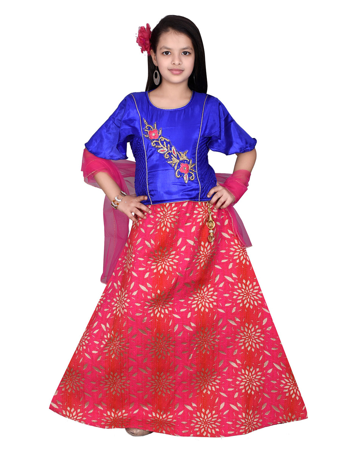 

SKY HEIGHTS Girls Navy Blue & Pink Printed Ready to Wear Lehenga & Blouse With Dupatta