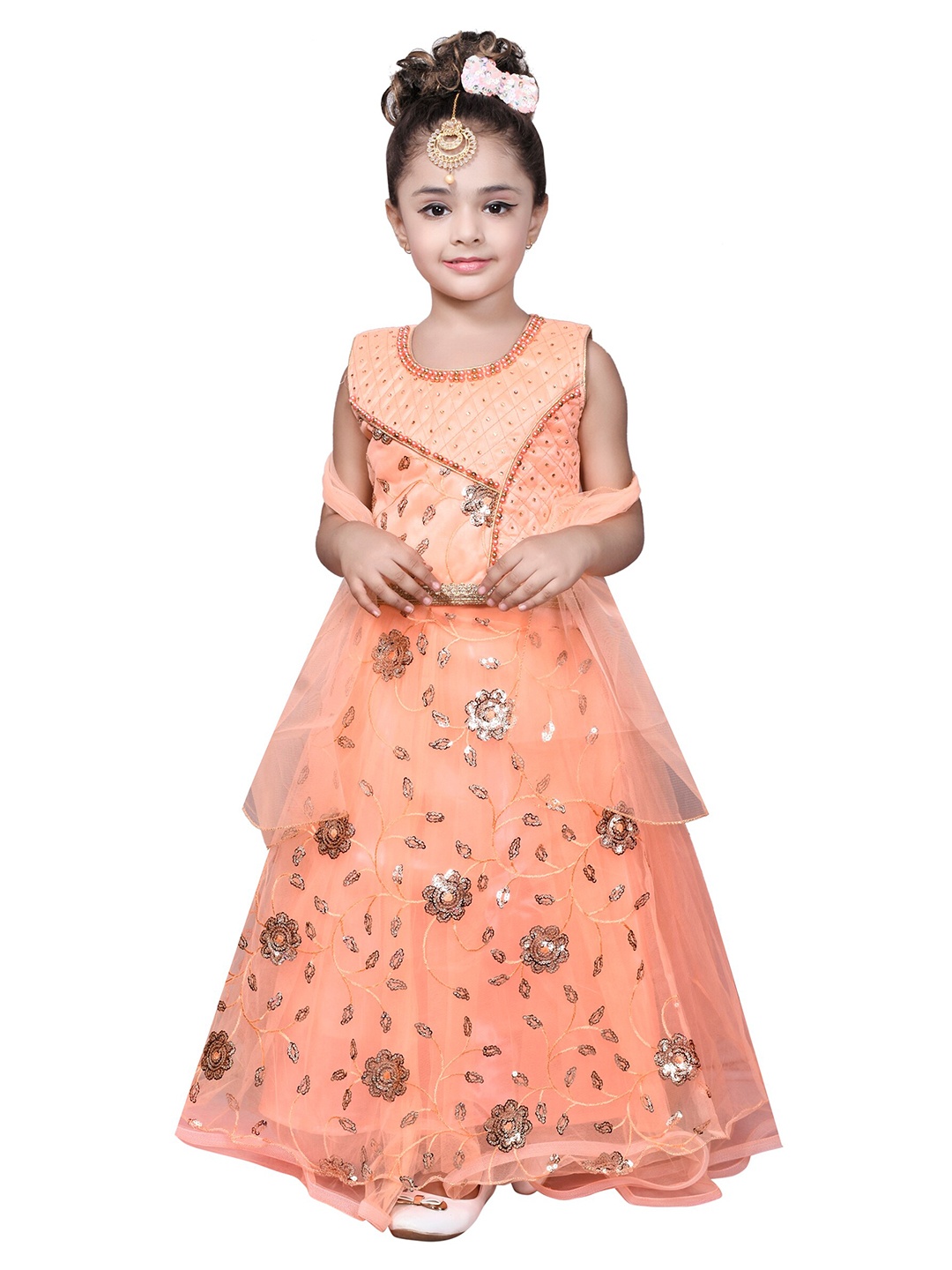 

SKY HEIGHTS Girls Peach-Coloured Embellished Ready to Wear Lehenga & Blouse With Dupatta