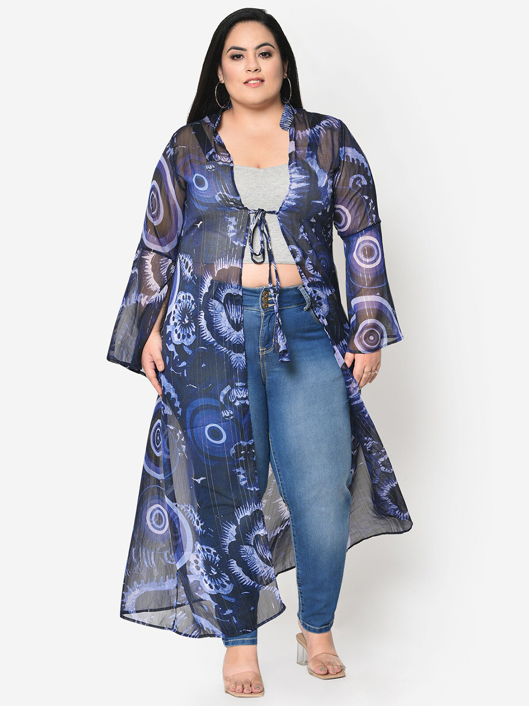 

wild U Women Blue & White Abstract Printed Longline Tie-Up Plus Size Shrug