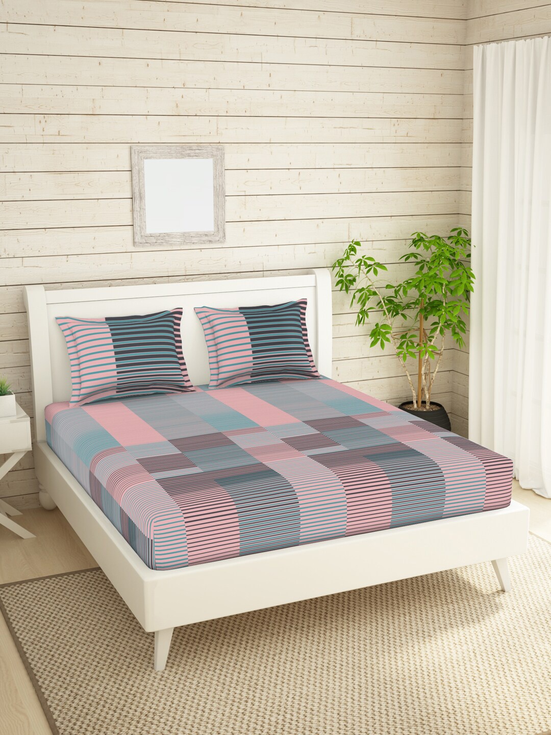 

SPACES Pink & Teal Striped 144 TC King Bedsheet With 2 Pillow Covers
