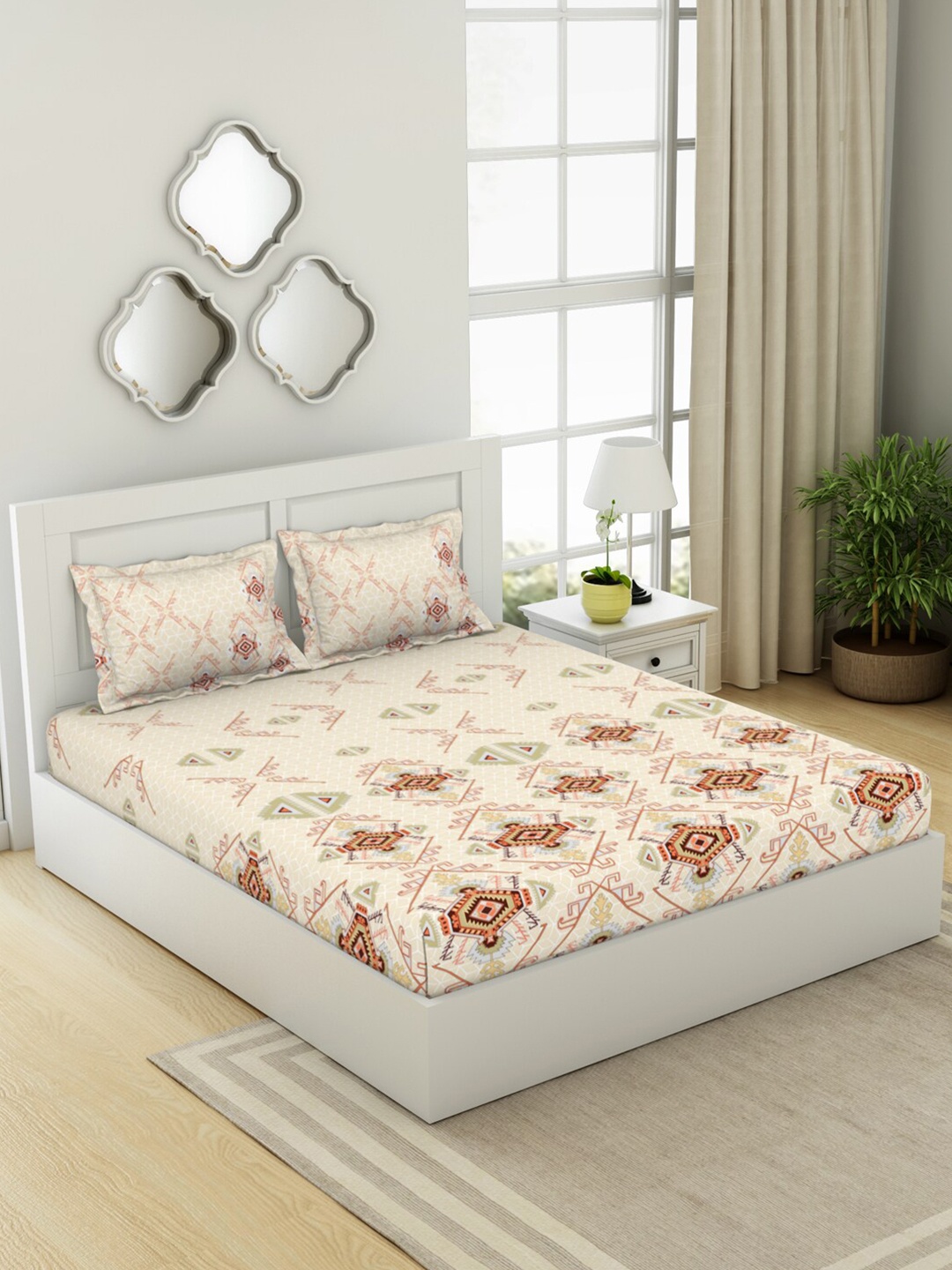 

SPACES Beige & Orange Geometric Cotton 210 TC Queen Bedsheet With 2 Pillow Covers