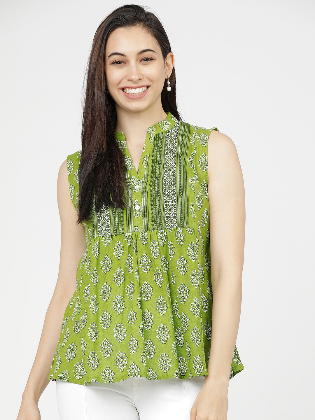 

Vishudh Green Floral Mandarin Collar Cotton A-Line Top