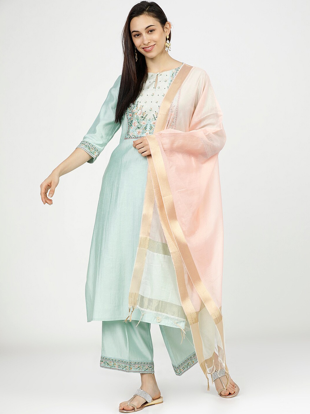 

Vishudh Women Sea Green & Peach Coloured Floral Embroidered Kurta With Trousers & Dupatta