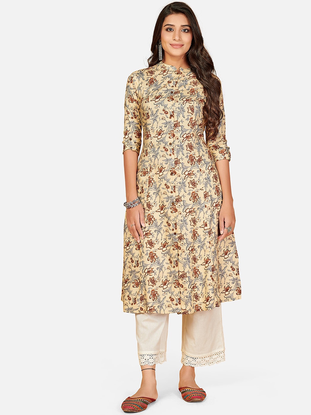 

Vbuyz Women Brown Floral Printed A-Line Kurta