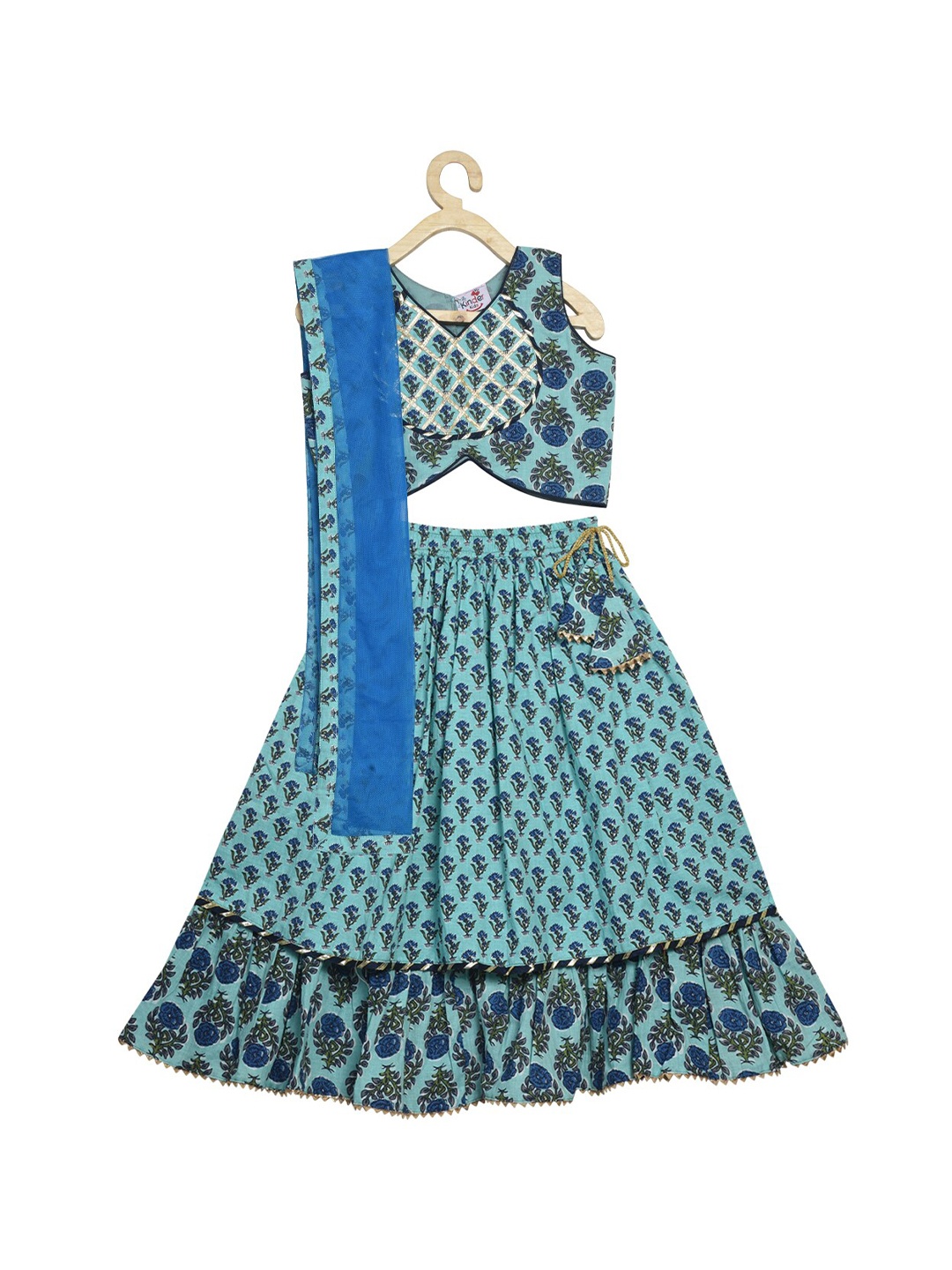 

Kinder Kids Girls Blue Printed Ready to Wear Lehenga & Blouse With Dupatta