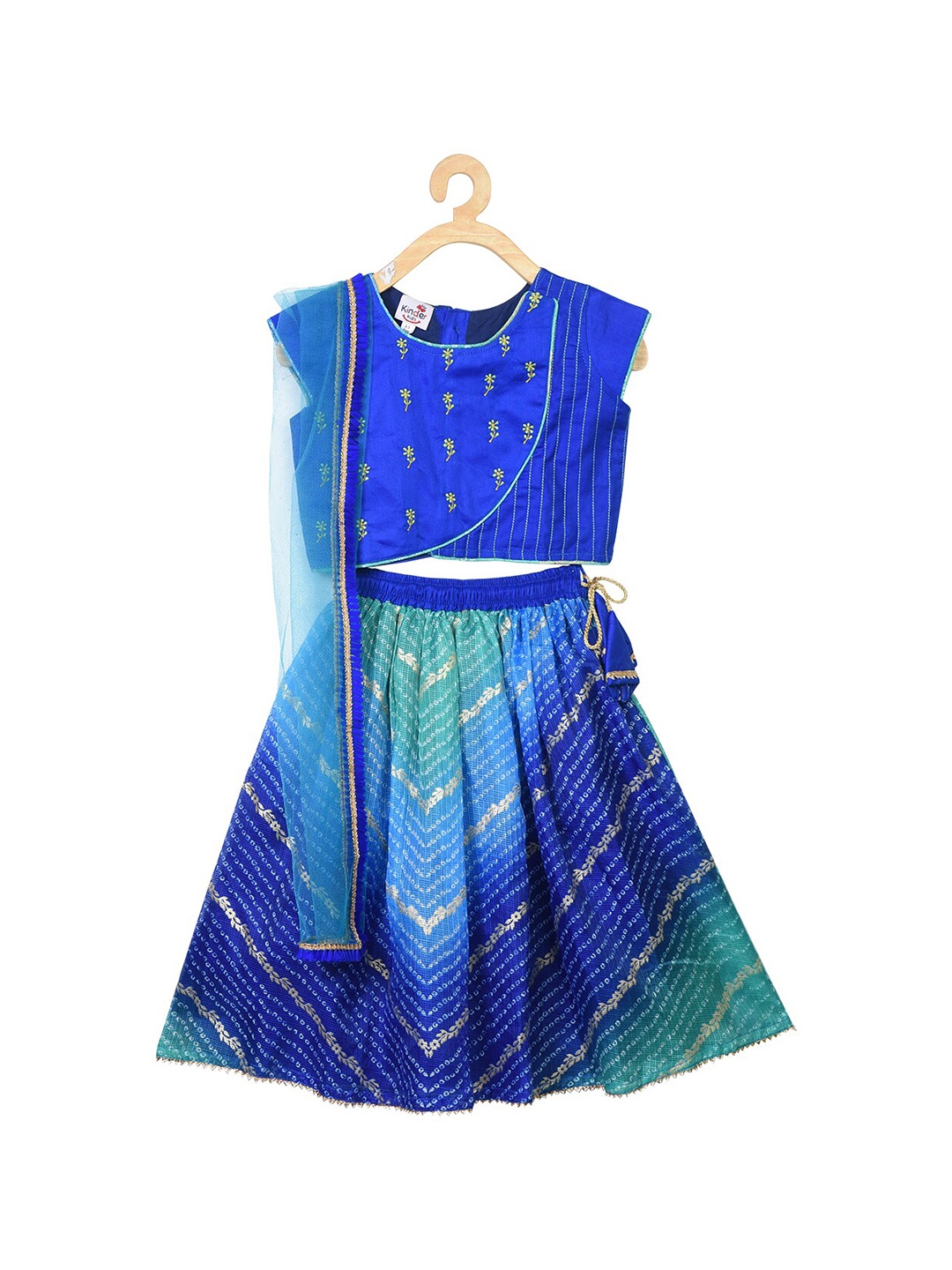 

Here&Now X Kinder Kids Girls Blue & Gold-Toned Printed Ready to Wear Lehenga & Blouse With Dupatta