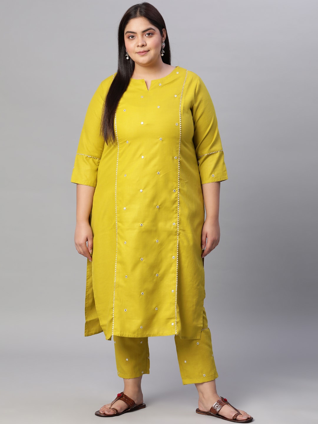 

Jaipur Kurti Women Plus Size Olive Green Mirror Work Straight Kurta with Pants
