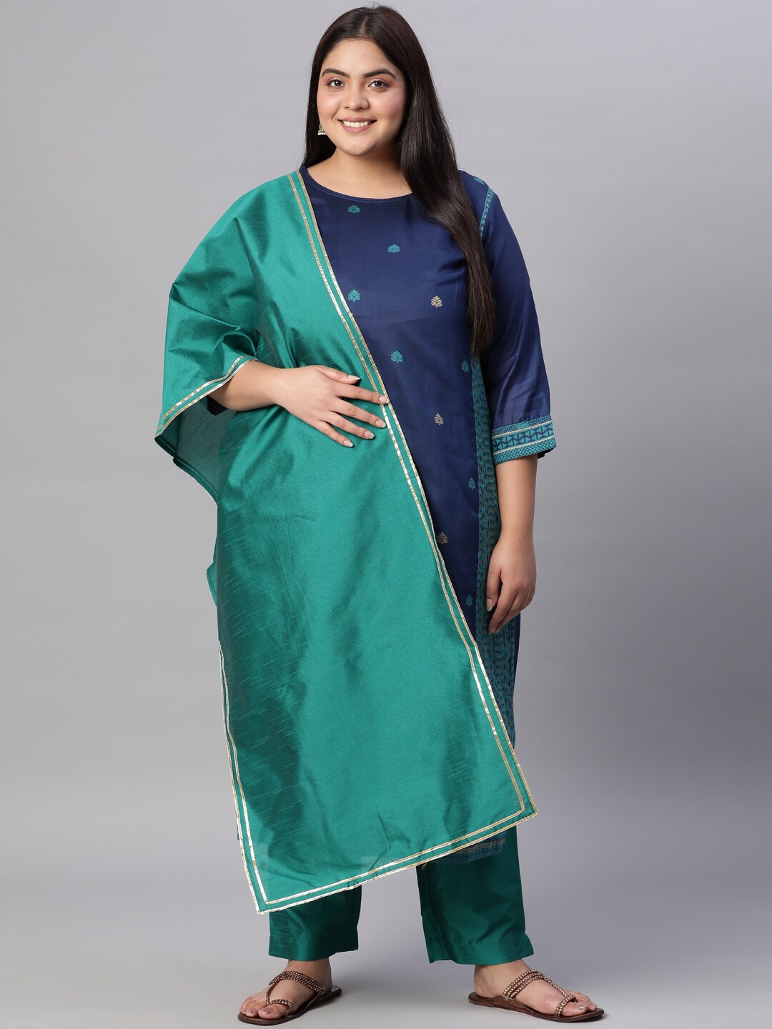 

Jaipur Kurti Women Blue Embroidered Layered Kurti with Trousers & With Dupatta