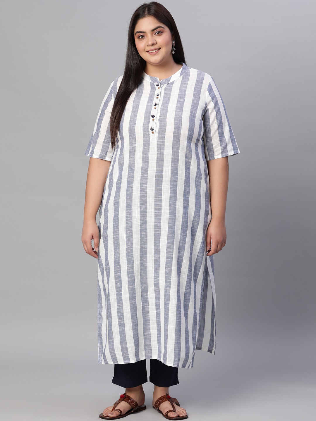 

Jaipur Kurti Women Blue & White Striped Cotton Kurta