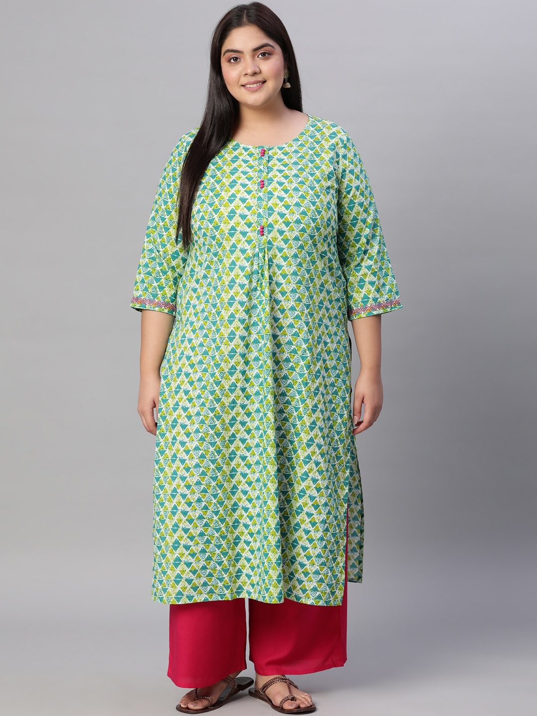 

Jaipur Kurti Women Cotton Geomatric Printed Straight Fit Kurta, Green