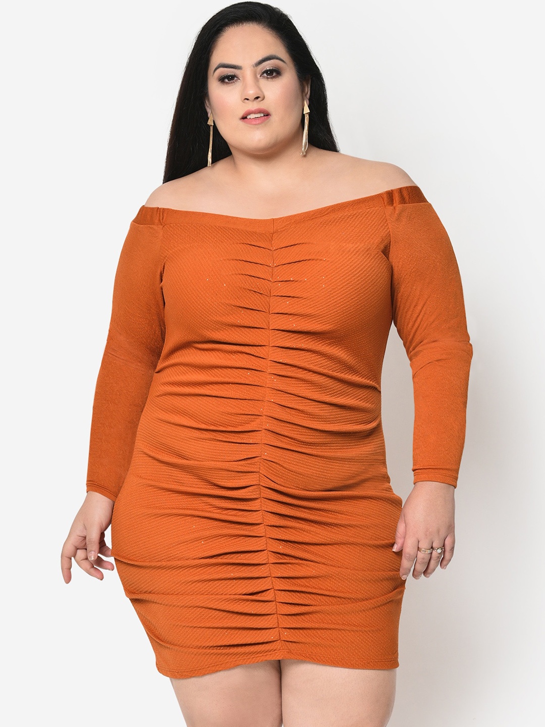 

wild U Plus Size Rust Off-Shoulder Scuba Bodycon Dress