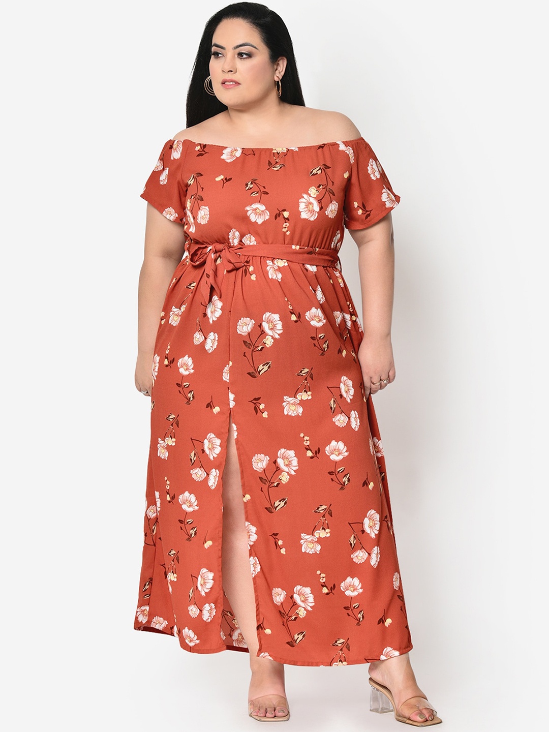 

wild U Plus Size Rust Floral Off-Shoulder Maxi Dress