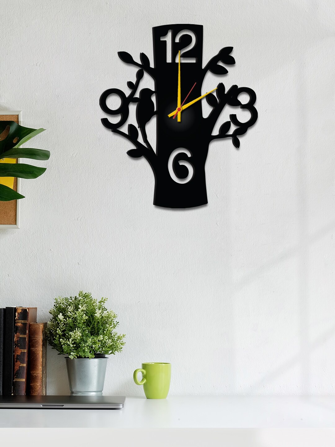 

WALLMANTRA Black & Yellow Floral Contemporary Wooden Wall Clock