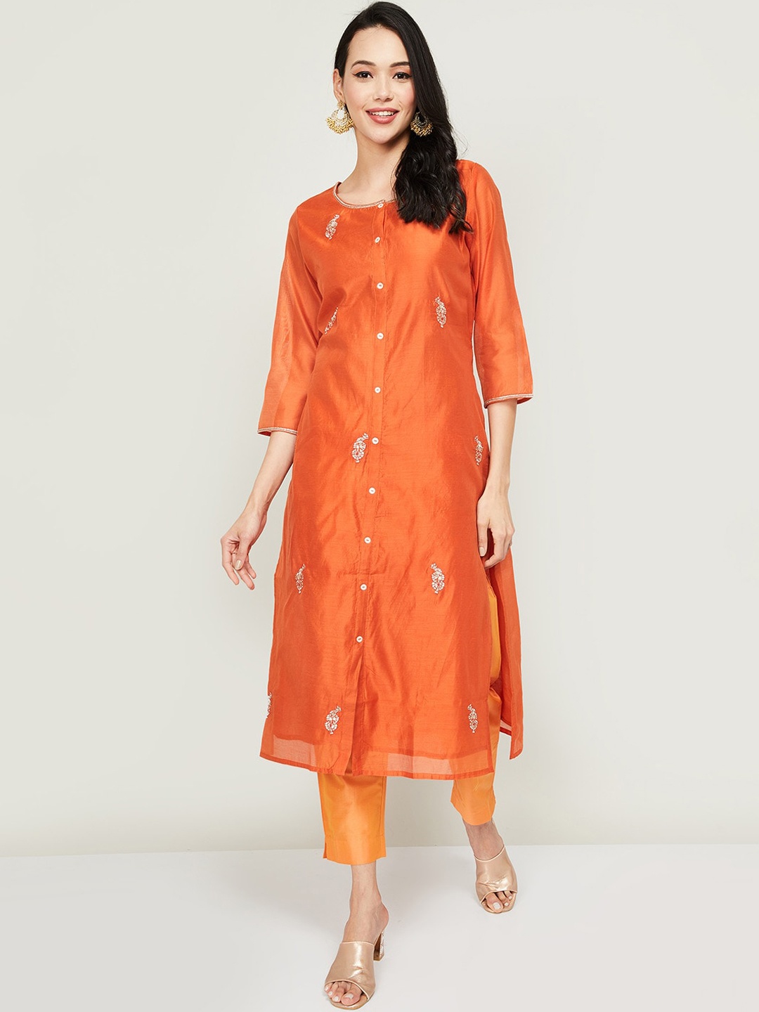 

Melange by Lifestyle Women Coral & Silver-Toned Ethnic Motifs Embroidered Kurta