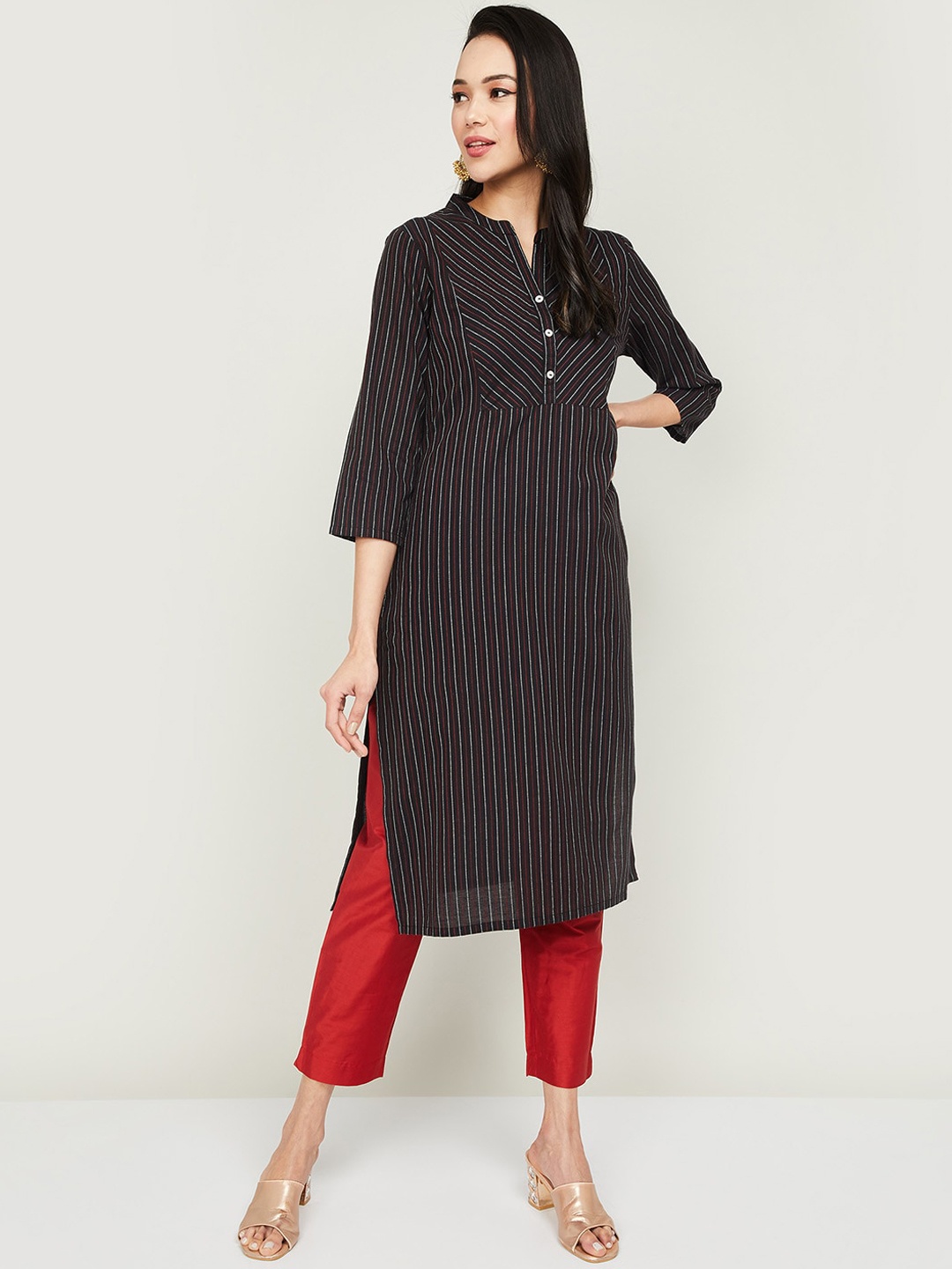 

Melange by Lifestyle Women Black Striped Flared Sleeves Thread Work Kurta