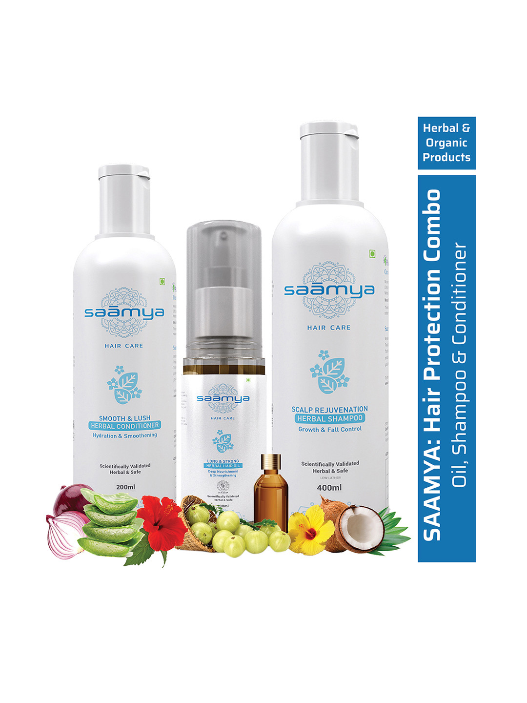 

Saamya Set Of 3 Herbal Long & Strong Hair Oil With Shampoo & Conditioner, Olive