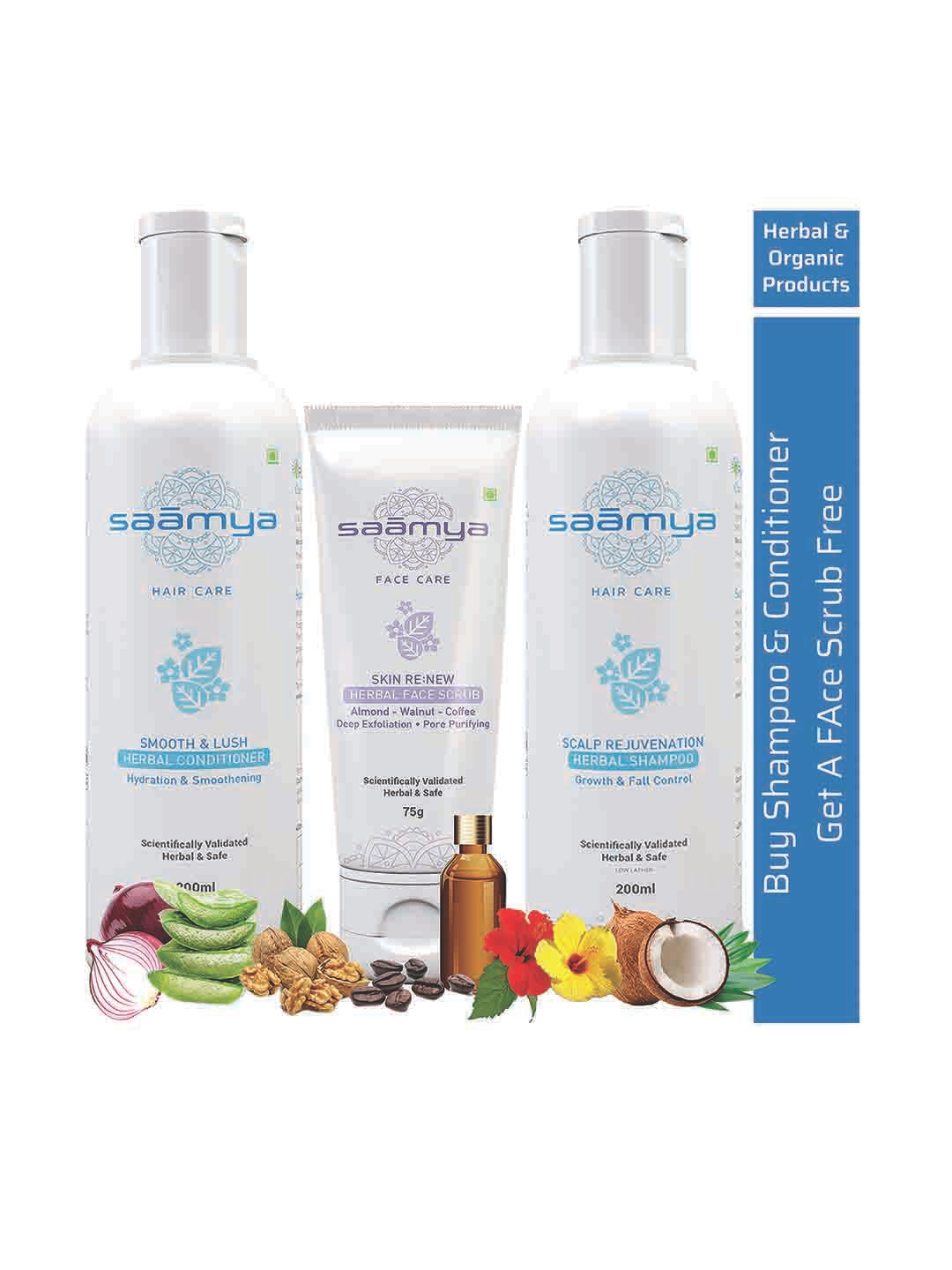 

Saamya Set of 3 Herbal Scalp Rejuvenation Shampoo with Conditioner & Face Scrub, White